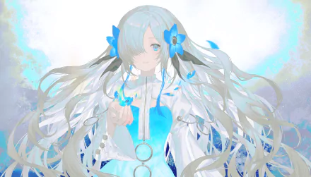 Isekaijoucho anime Virtual Youtuber with long flowing silver-blue hair and blue dress, reaching outward against a soft pastel glow — 4K Ultra HD PC desktop wallpaper.