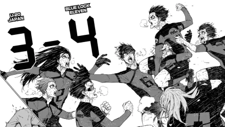 Black-and-white Blue Lock anime HD desktop wallpaper featuring characters Hyoma Chigiri, Karasu Tabito, Seishiro Nagi, Bachira Meguru, and Isagi Yoichi celebrating a 3-4 score.