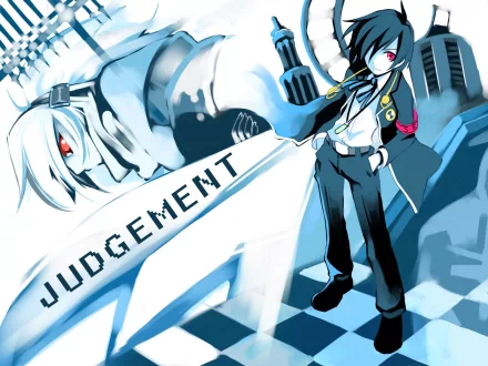 A striking HD desktop wallpaper from the video game Persona 3, featuring a stylized character with the word JUDGEMENT prominently displayed, set against a dynamic blue background.