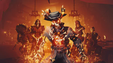 Captain Flameheart from the video game Sea of Thieves — a fiery skeletal pirate commanding a burning skeleton crew in a torchlit hall. 2K Quad HD PC desktop wallpaper and background.