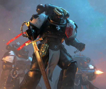 HD PC desktop wallpaper featuring a Warhammer 40k Space Marine wielding a chainsword in a battle-ready pose amidst a smoky battlefield.