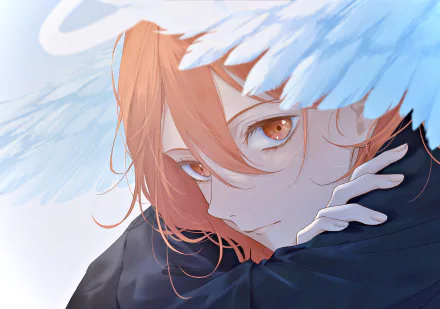 Close-up anime-style portrait of Angel Devil from Chainsaw Man, featuring detailed eyes and soft feathers, rendered in 4K Ultra HD for PC desktop wallpaper.