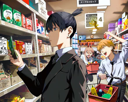 HD PC desktop wallpaper featuring Denji, Power, and Aki Hayakawa from the anime Chainsaw Man in a vibrant supermarket scene.