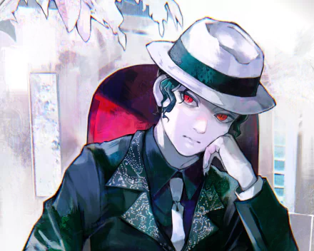 HD anime desktop wallpaper featuring Muzan Kibutsuji from Demon Slayer: Kimetsu no Yaiba, depicted with red eyes, a white hat, and a dark suit in a stylish pose.