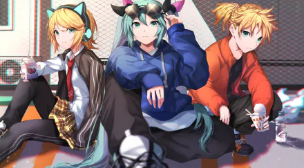 4K Ultra HD PC desktop wallpaper of Vocaloid trio: Hatsune Miku center with teal twin‑tails, flanked by Rin and Len Kagamine in casual anime streetwear.