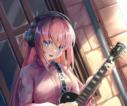 Hitori Gotou from Bocchi the Rock!, anime 2K Quad HD PC wallpaper: close-up of a pink-haired, blue-eyed girl holding an electric guitar in a warm, sunlit room.