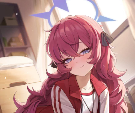 Natsume Iroha from the video game Blue Archive: close-up of pink‑haired girl in a red jacket with headphones, smirking in a sunlit room — HD PC desktop wallpaper/background.