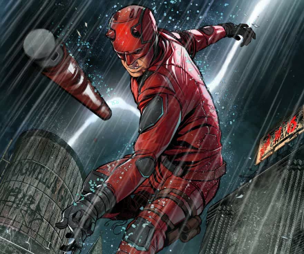 A high-definition desktop wallpaper featuring a comic illustration of Daredevil in action.