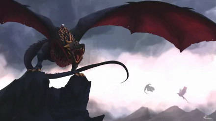 HD PC Desktop Wallpaper and Background from the TV show House of the Dragon: a dragon perches on a rocky cliff, wings unfurled, roaring above misty mountains as another dragon circles in the distance.