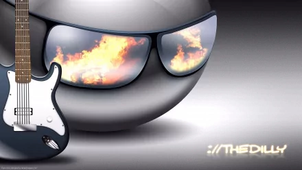 A vibrant HD desktop wallpaper featuring a smiley face with sunglasses reflecting flames and a guitar, creating a fun and energetic atmosphere.