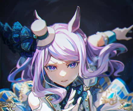 HD PC wallpaper of Mejiro McQueen from Uma Musume: Pretty Derby — close-up anime portrait with long lavender hair, horse ears, ornate blue outfit and confident gaze.