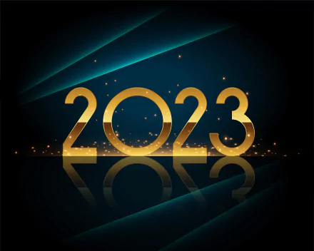 4K Ultra HD PC desktop wallpaper showing golden 2023 with sparkling lights and mirrored reflection against dark teal beams, New Year holiday background.