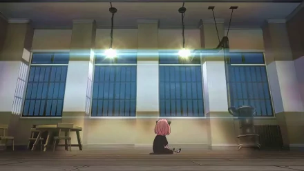 Anya Forger from Spy x Family sits alone in a spacious, softly lit room, creating a serene HD anime desktop wallpaper scene.