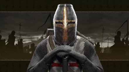 A striking HD wallpaper featuring a knight in armor from Medieval II: Total War, set against a dramatic medieval backdrop with silhouettes of warriors.