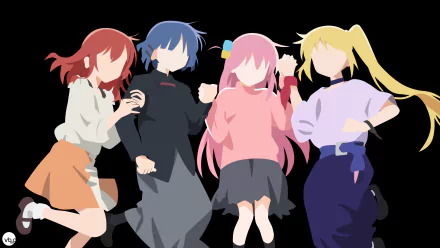 Stylized 4K Ultra HD desktop wallpaper featuring Nijika Ijichi, Hitori Gotou, Ryou Yamada, and Ikuyo Kita from the anime Bocchi the Rock!.