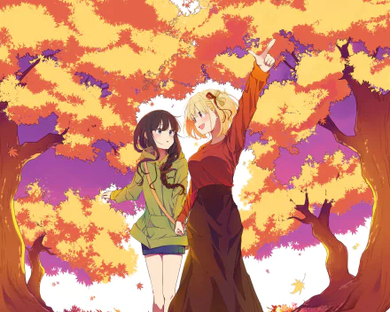 Chisato Nishikigi and Takina Inoue from Lycoris Recoil holding hands beneath golden autumn trees, vivid 5K Ultra HD PC desktop wallpaper.