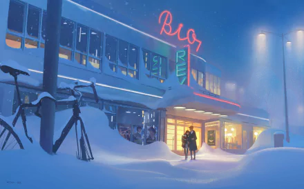 Artistic winter HD PC desktop wallpaper: neon-lit diner glowing warm through heavy snow, two figures at the entrance and snow-draped bicycles under a blue, foggy night sky.