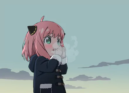Anya Forger from Spy x Family depicted in a 4K Ultra HD anime-style PC desktop wallpaper, with a serene sky background and visible breath in the cold air.