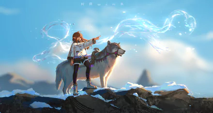 HD anime desktop wallpaper featuring a girl standing on rocks beside a large white wolf, pointing toward glowing, swirling light patterns in a clear blue sky.