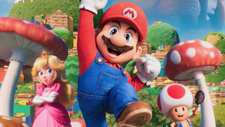 4K Ultra HD wallpaper featuring Mario, Princess Peach, and Toad from the Super Mario Bros. (2023) movie in a vibrant, colorful Mushroom Kingdom setting.