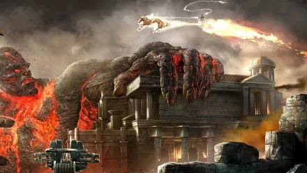 An epic scene from God Of War III, featuring a colossal hand emerging from fiery depths, set against a dramatic backdrop of ancient ruins and intense action. HD desktop wallpaper.
