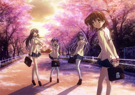 A vibrant HD wallpaper featuring Tomoyo Sakagami, Ryou Fujibayashi, Kyou Fujibayashi, and Nagisa Furukawa from the anime Clannad, set against a backdrop of cherry blossoms.