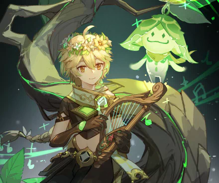 HD PC desktop wallpaper featuring Aether from Genshin Impact playing a harp, accompanied by a glowing Aranara character in a mystical forest setting.
