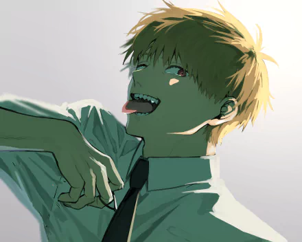 Denji (Chainsaw Man) grinning with tongue out, green-tinted shirt and loosened tie — anime 2K Quad HD PC desktop wallpaper and background.