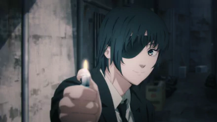 Himeno from Chainsaw Man anime holding a lit lighter, depicted in a dark, detailed HD PC desktop wallpaper background.