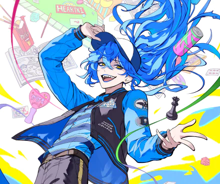HD PC desktop wallpaper featuring Idia Shroud from the video game Twisted Wonderland, showcasing his dynamic pose and vibrant blue hair in a colorful, energetic design.