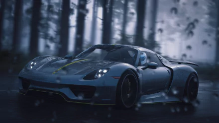 4K Ultra HD PC desktop wallpaper featuring a sleek Porsche 918 Spyder in a rainy forest setting from the video game The Crew 2.