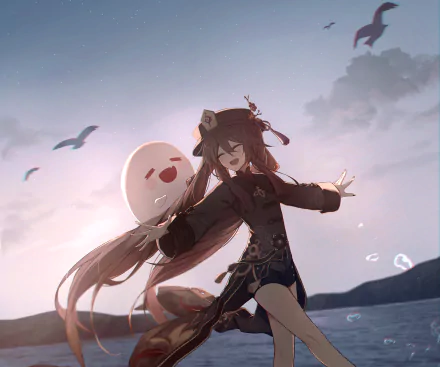 HD PC desktop wallpaper featuring Hu Tao from Genshin Impact, captured in an expressive pose with a scenic sky and sea background.