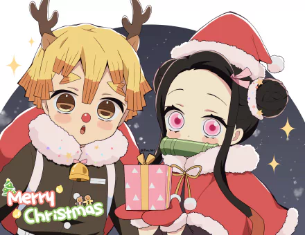 HD anime wallpaper featuring Nezuko Kamado and Zenitsu Agatsuma from Demon Slayer: Kimetsu no Yaiba, dressed in festive Christmas attire with holiday-themed backgrounds.