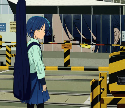 HD wallpaper featuring Ryou Yamada from the anime Bocchi the Rock! in a detailed urban setting with reflective yellow and black caution signs.