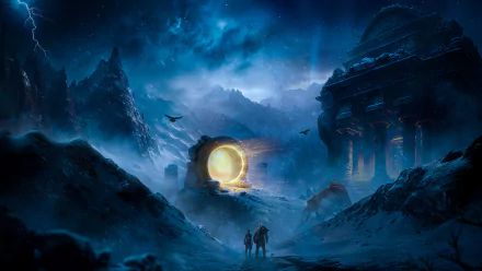 HD PC desktop wallpaper featuring a dramatic, snowy landscape from the video game God of War: Ragnarök, with two figures approaching a glowing circular portal.