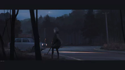 Anime-style 8K Ultra HD wallpaper featuring a lone figure near a car on a quiet forest road at dusk, blending original art and serene forest ambiance.