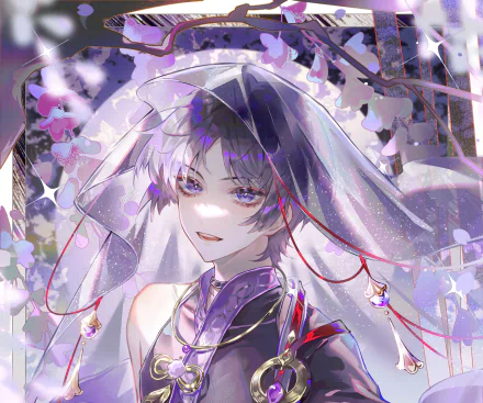HD PC desktop wallpaper featuring Scaramouche from the video game Genshin Impact, surrounded by delicate flowers and ethereal lighting.