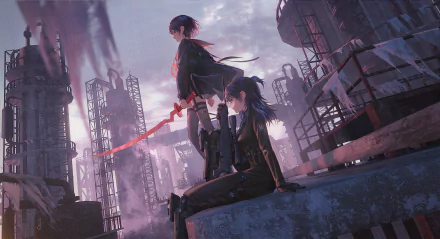 Anime-style original artwork depicting two characters in dark outfits amidst a detailed industrial cityscape, rendered in 4K Ultra HD for PC desktop wallpaper use.