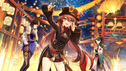 4K Ultra HD PC desktop wallpaper featuring Xiao, Hu Tao, and Yelan from the video game Genshin Impact amidst vibrant lanterns and fireworks.