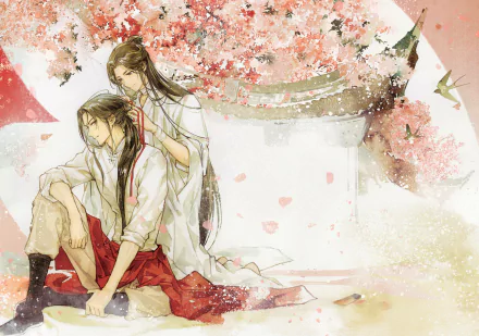Anime-style HD desktop wallpaper featuring Xie Lian and Hua Cheng from Tian Guan Ci Fu, set against a backdrop of delicate cherry blossoms and traditional architecture.