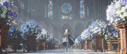 HD PC desktop wallpaper featuring Lumine from the video game Genshin Impact standing inside a grand cathedral adorned with stained glass windows and floral decorations.