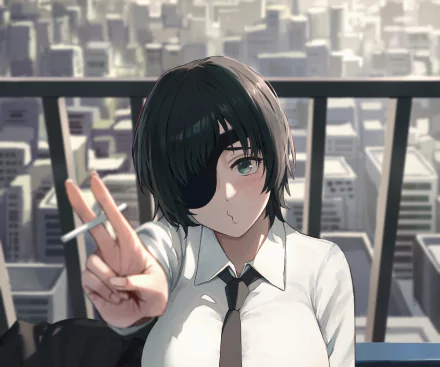 Himeno from Chainsaw Man anime poses with a peace sign and cigarette in this HD PC desktop wallpaper, set against a blurred cityscape background.