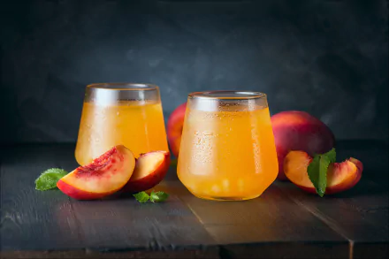 2K Quad HD PC desktop wallpaper: two glasses of peach juice with sliced peaches and mint on a dark tabletop — food, juice background.