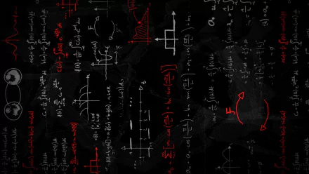 HD PC desktop wallpaper featuring complex physics and chemistry equations in white and red on a black background, blending technology themes with scientific formulas.