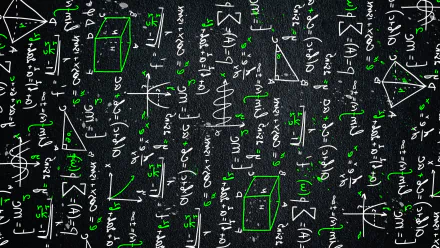HD desktop wallpaper featuring complex physics and chemistry equations and diagrams in white and green on a black background, blending technology with scientific concepts.