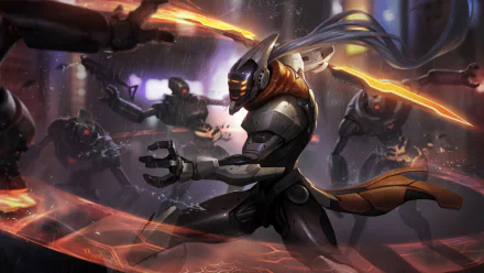 Cybernetic Master Yi from League of Legends lunges with dual energy blades against robotic foes amid neon city lights — 8K Ultra HD PC desktop wallpaper/background, video game art.