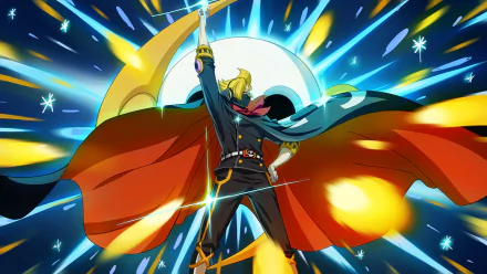 HD PC desktop wallpaper featuring Sanji from One Piece anime, striking a dynamic pose with glowing effects and vibrant colors in the background.