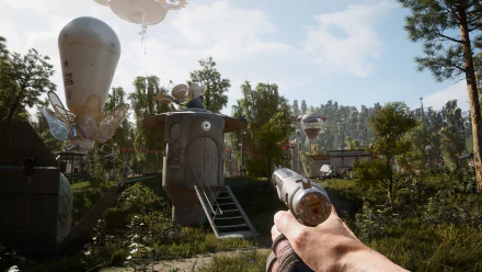 HD desktop wallpaper of Atomic Heart featuring a first-person perspective with a gun in the foreground and whimsical robotic designs in a lush forest setting.