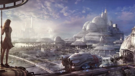 HD desktop wallpaper featuring a futuristic fantasy cityscape with domed buildings, advanced spacecraft, and a person overlooking the skyline.