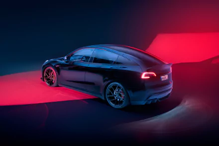 A sleek Tesla Model Y is showcased in vivid red and blue lighting in this 8K Ultra HD PC desktop wallpaper and background.